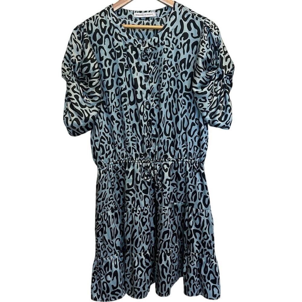 Rebecca Minkoff Aston‎ Puff-Sleeve Tiered Blouson Mini Dress Blue Leopard Large - Picture 2 of 11